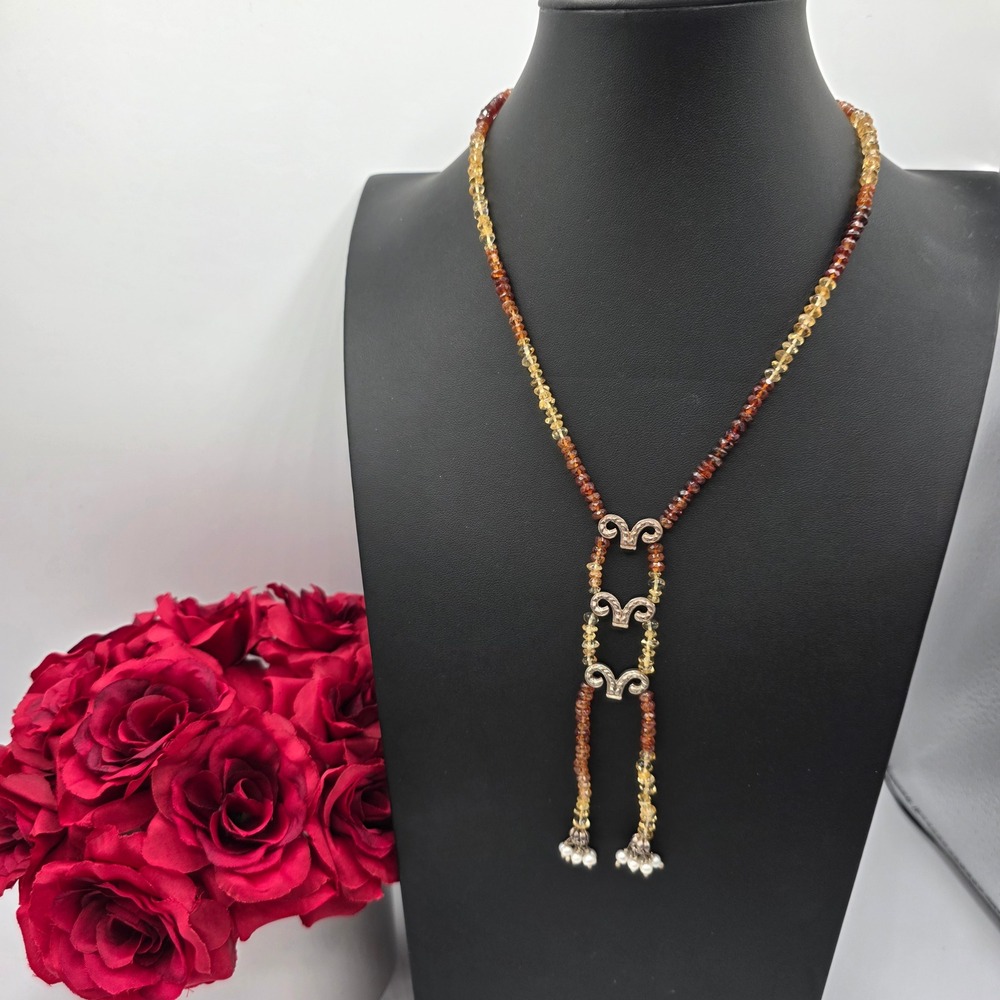 Sterling Silver Citrine Garnet Style‎ Beaded Lariat Necklace Pearl Tassels 28"
